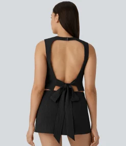 Casual Tops|Tank Tops & Camis<HALARA Tie Back Cropped Casual Linen-Feel Tank Top