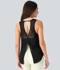 Yoga Tops|Tank Tops & Camis<HALARA Tie Back Hem Contrast Mesh Yoga Tank Top