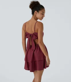 Dresses|Mini Dresses<HALARA Tie Back Tiered Ruffle Flowy Slip Mini Casual Linen-Feel Dress