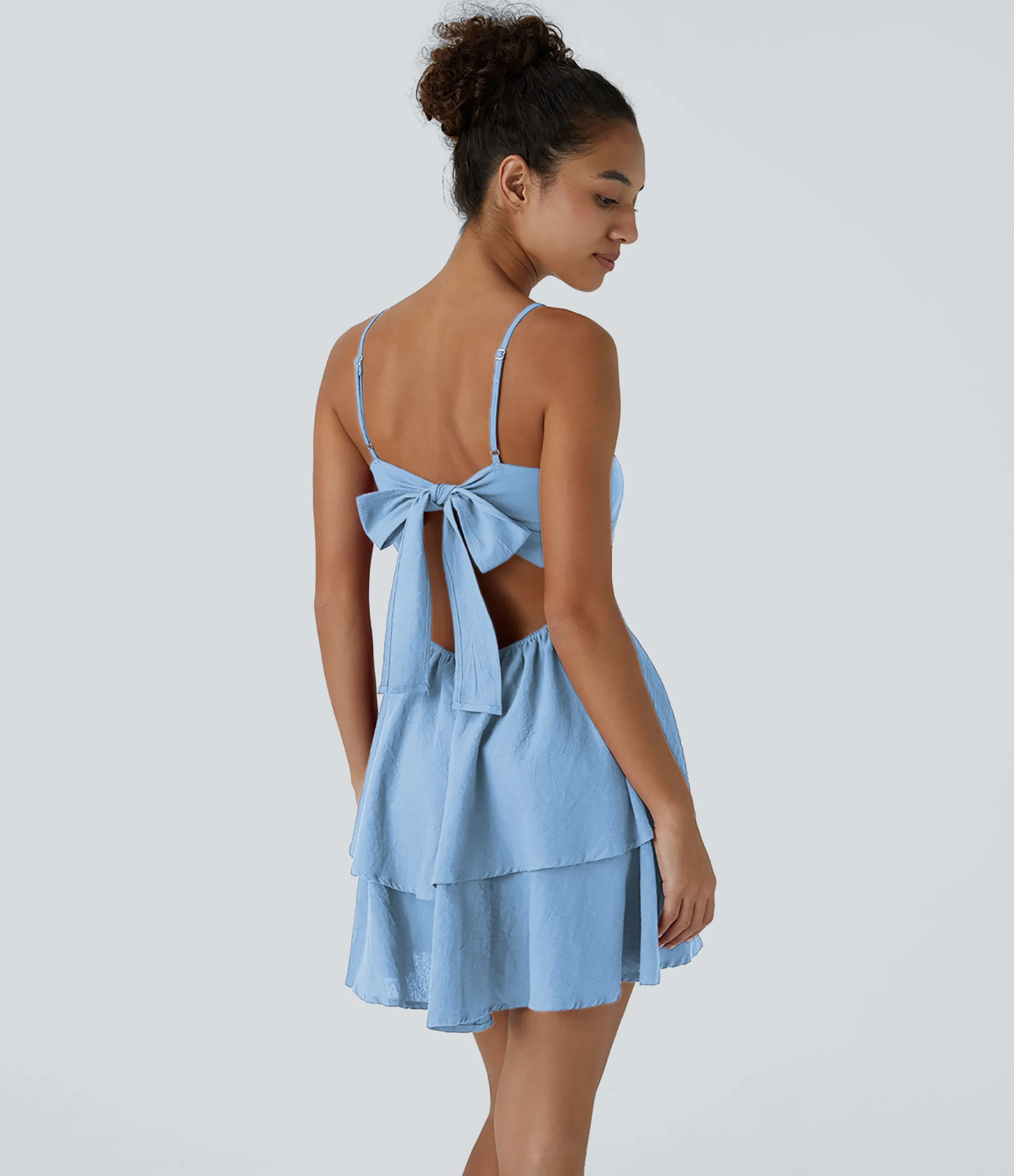 Dresses|Mini Dresses<HALARA Tie Back Tiered Ruffle Flowy Slip Mini Casual Linen-Feel Dress