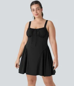 Plus Size<HALARA Tie Front 2-in-1 Pocket Mini Slip Dance Plus Size Active Dress-Easy Peezy Edition