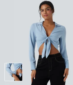 Casual Tops|Shirts Blouses<HALARA Tie Front Long Sleeve Cropped Casual Blouse