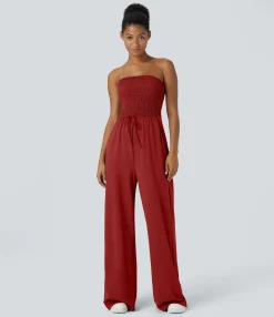 Jumpsuits<HALARA Tube Shirred Knot Pocket Wide Leg Casual Jumpsuit
