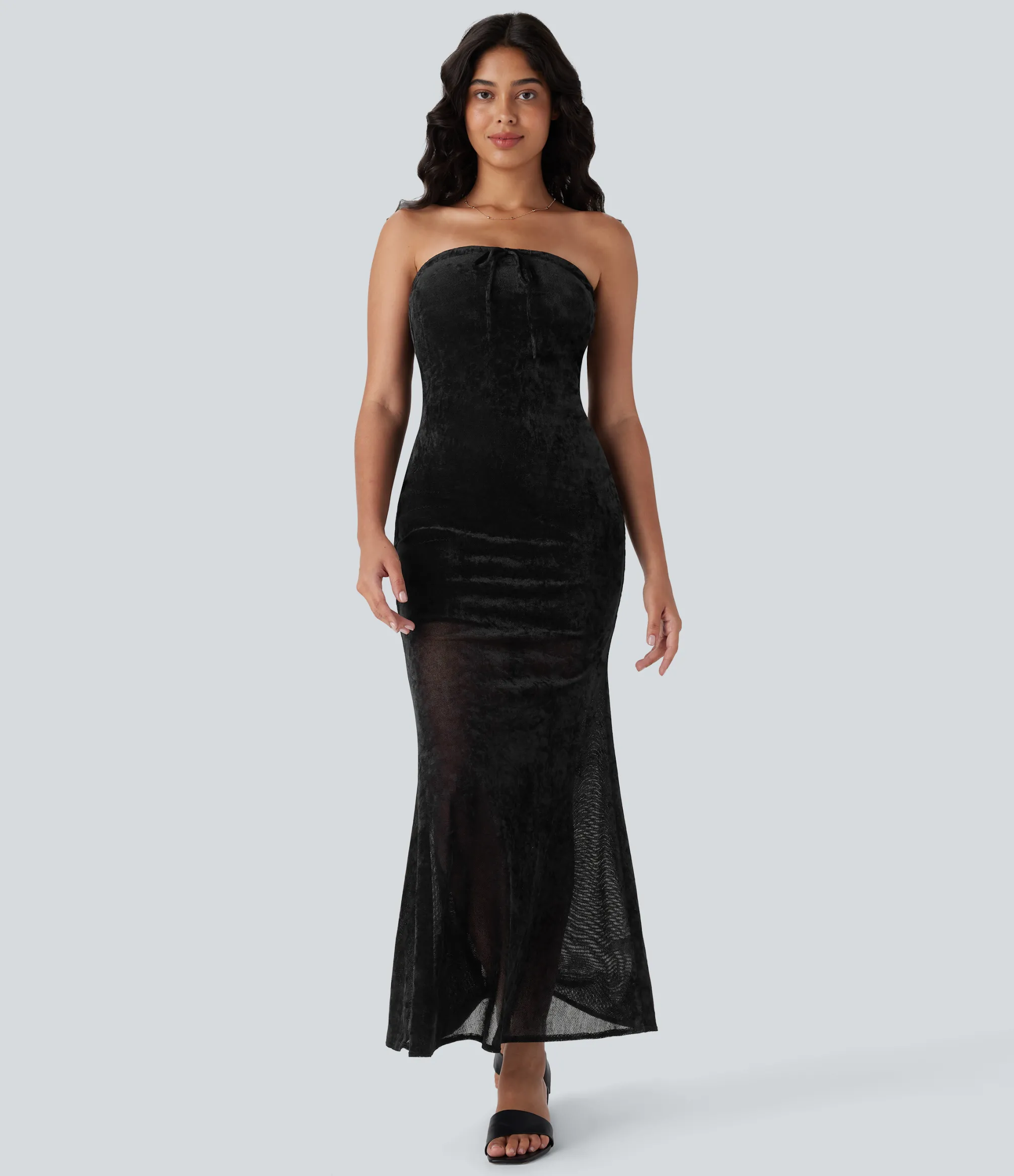 Dresses|Maxi & Midi Dresses<HALARA Tube Tie Front Bodycon Mermaid Velvet Mesh Maxi Dress