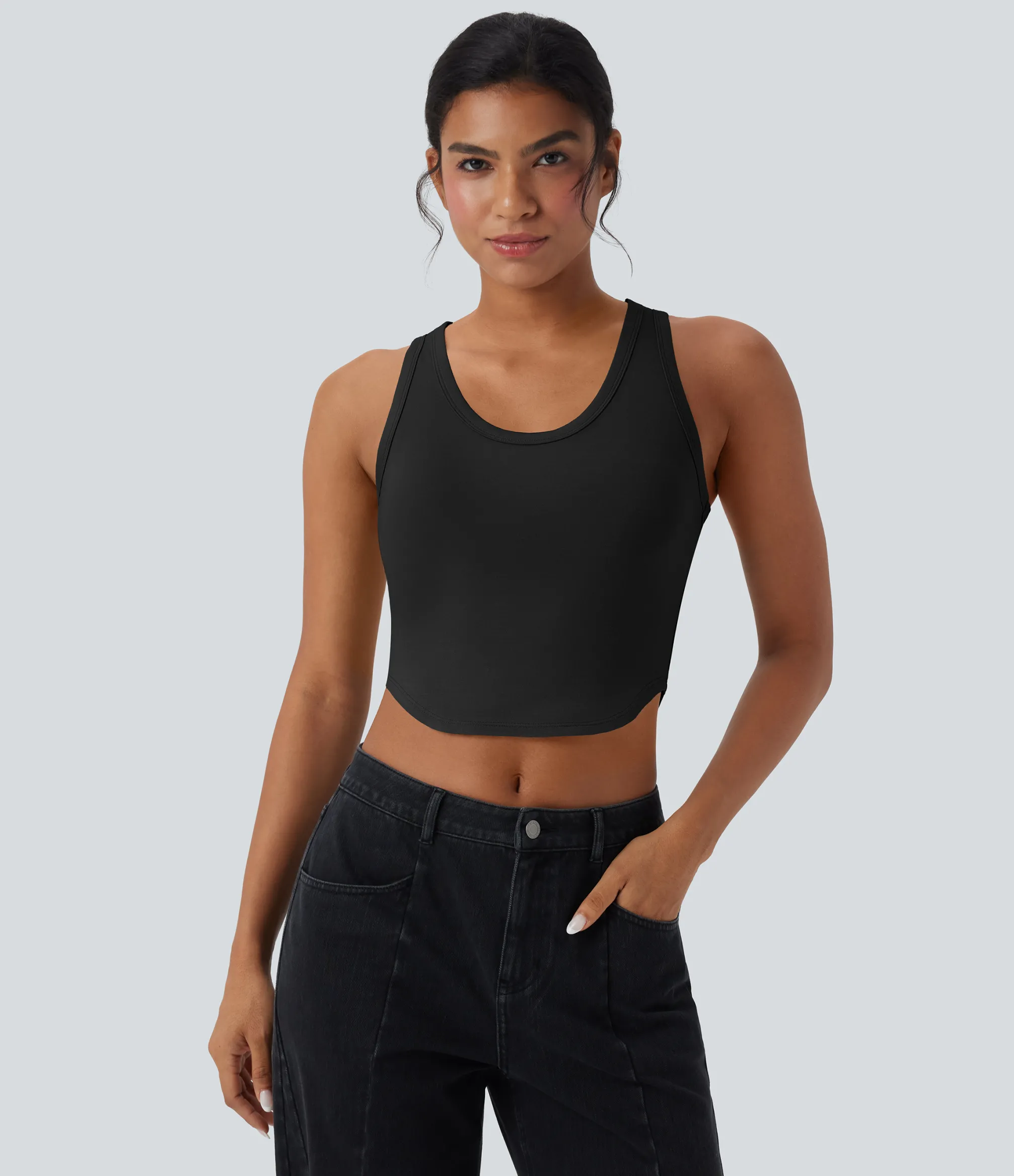Casual Tops|Tank Tops & Camis<HALARA U Neck Curved Hem Cropped Casual Tank Top
