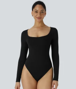 Work Tops|Bodysuits<HALARA U Neck Long Sleeve Snap Skinny Work Bodysuit