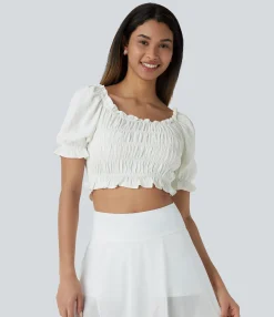 Casual Tops<HALARA U Neck Puff Sleeve Frill Shirred Cropped Casual Linen-Feel Top