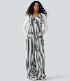 Jumpsuits<HALARA U-Neck Sleeveless Stripe Waffle Casual Jumpsuit with Pockets