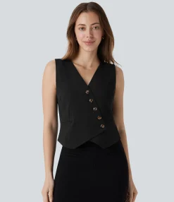Work Tops|Jackets & Outerwear<HALARA V Neck Asymmetric Work Linen-Feel Vest