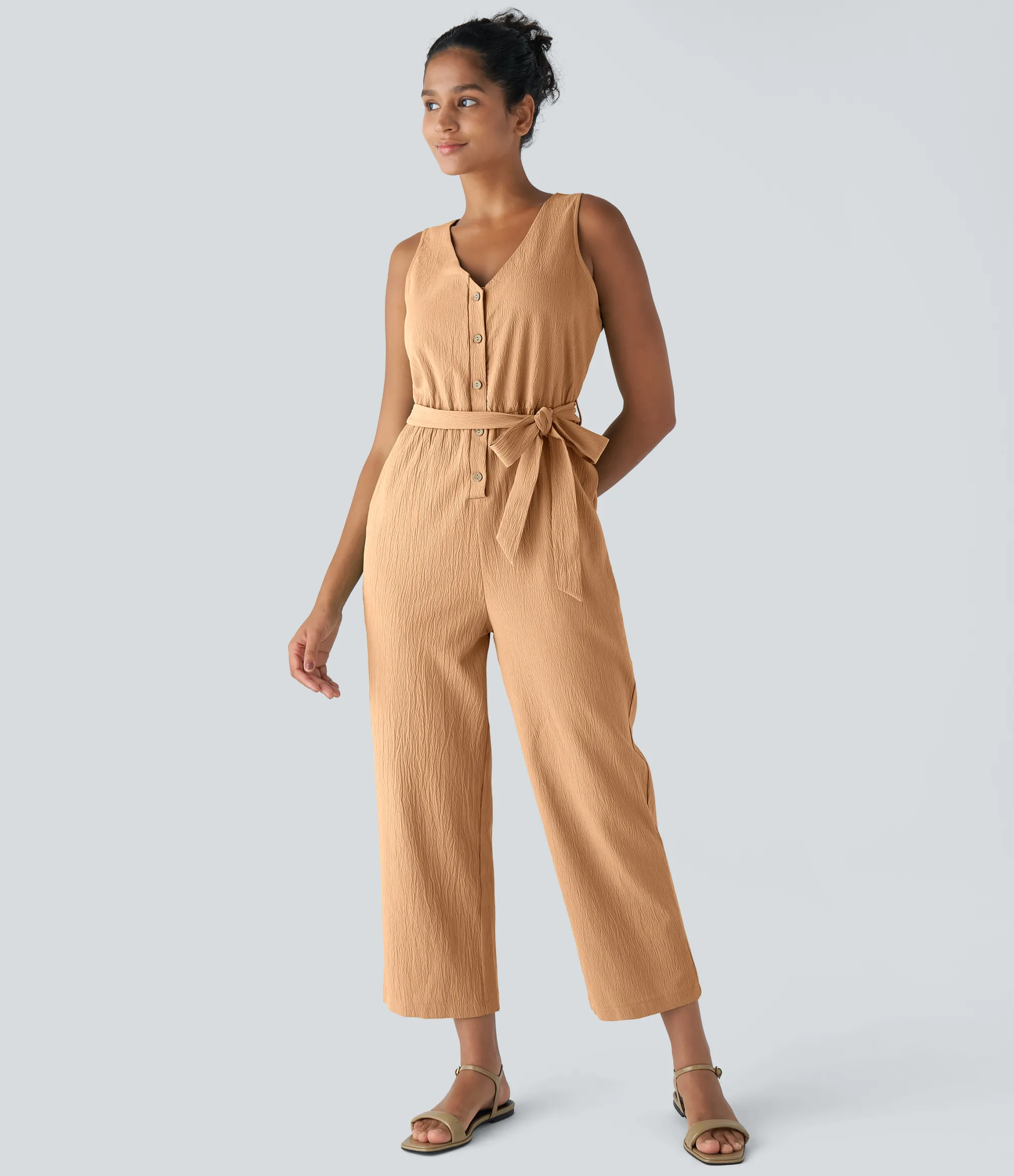 Jumpsuits<HALARA V Neck Belted Pocket Casual Jumpsuit