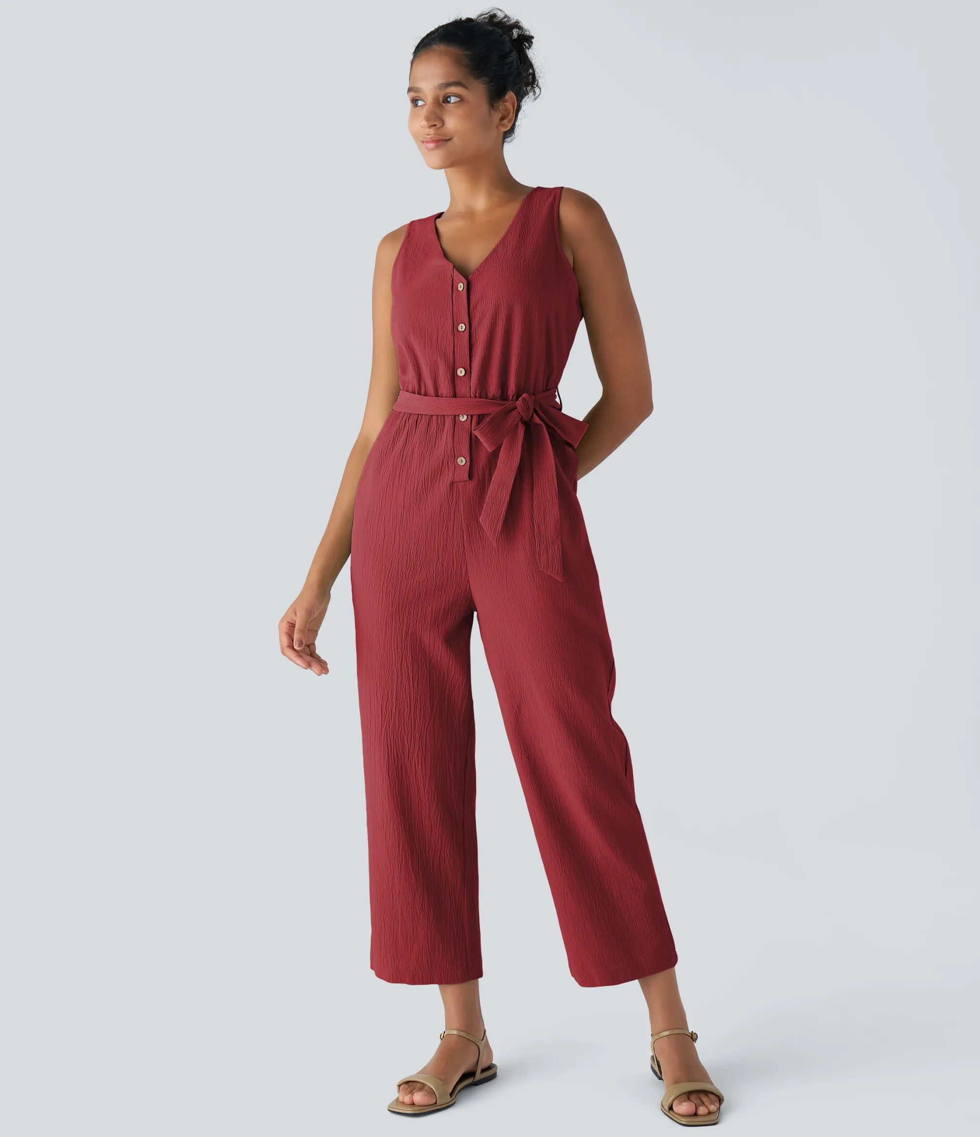 Jumpsuits<HALARA V Neck Belted Pocket Casual Jumpsuit