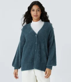 Sweaters<HALARA V Neck Bishop Sleeve Relaxed Casual Cardigan