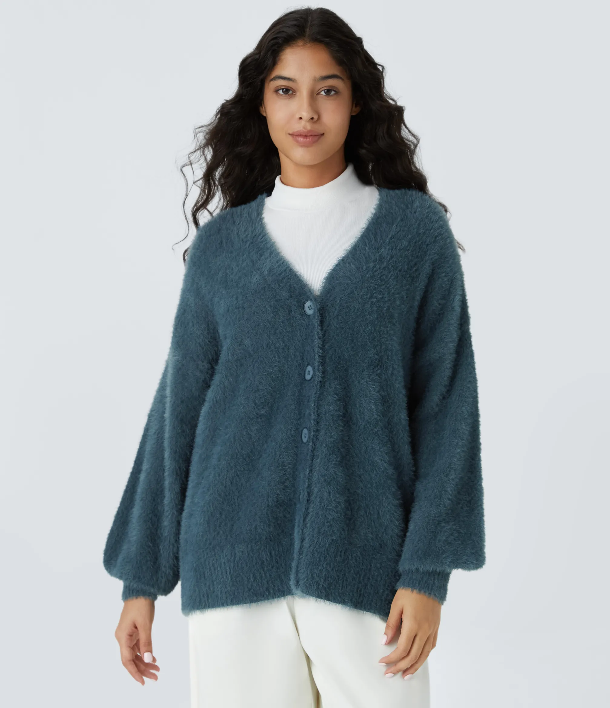 Sweaters<HALARA V Neck Bishop Sleeve Relaxed Casual Cardigan