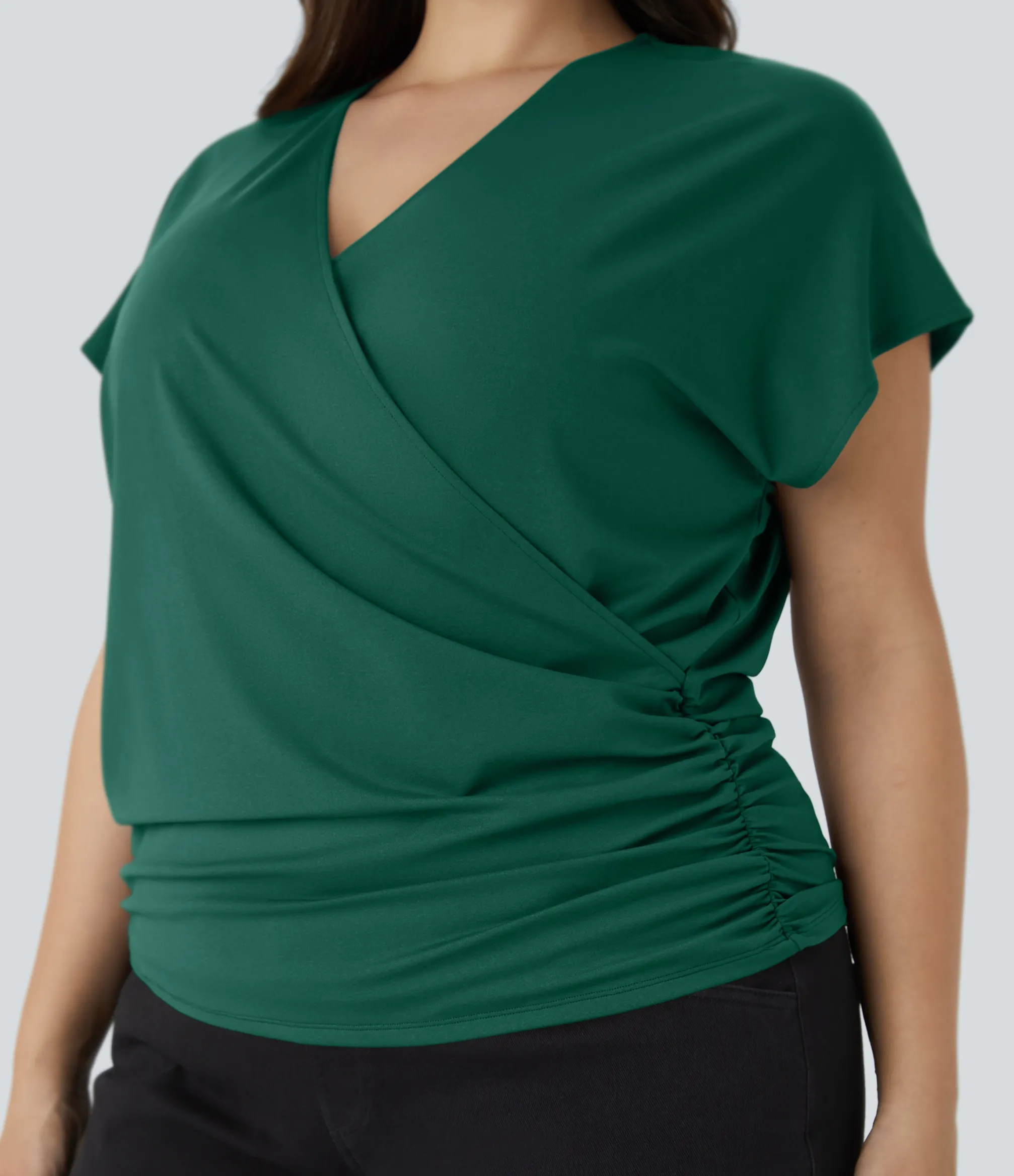Work Tops|Plus Size<HALARA V Neck Cap Sleeve Crossover Ruched Solid Work Plus Size Blouse