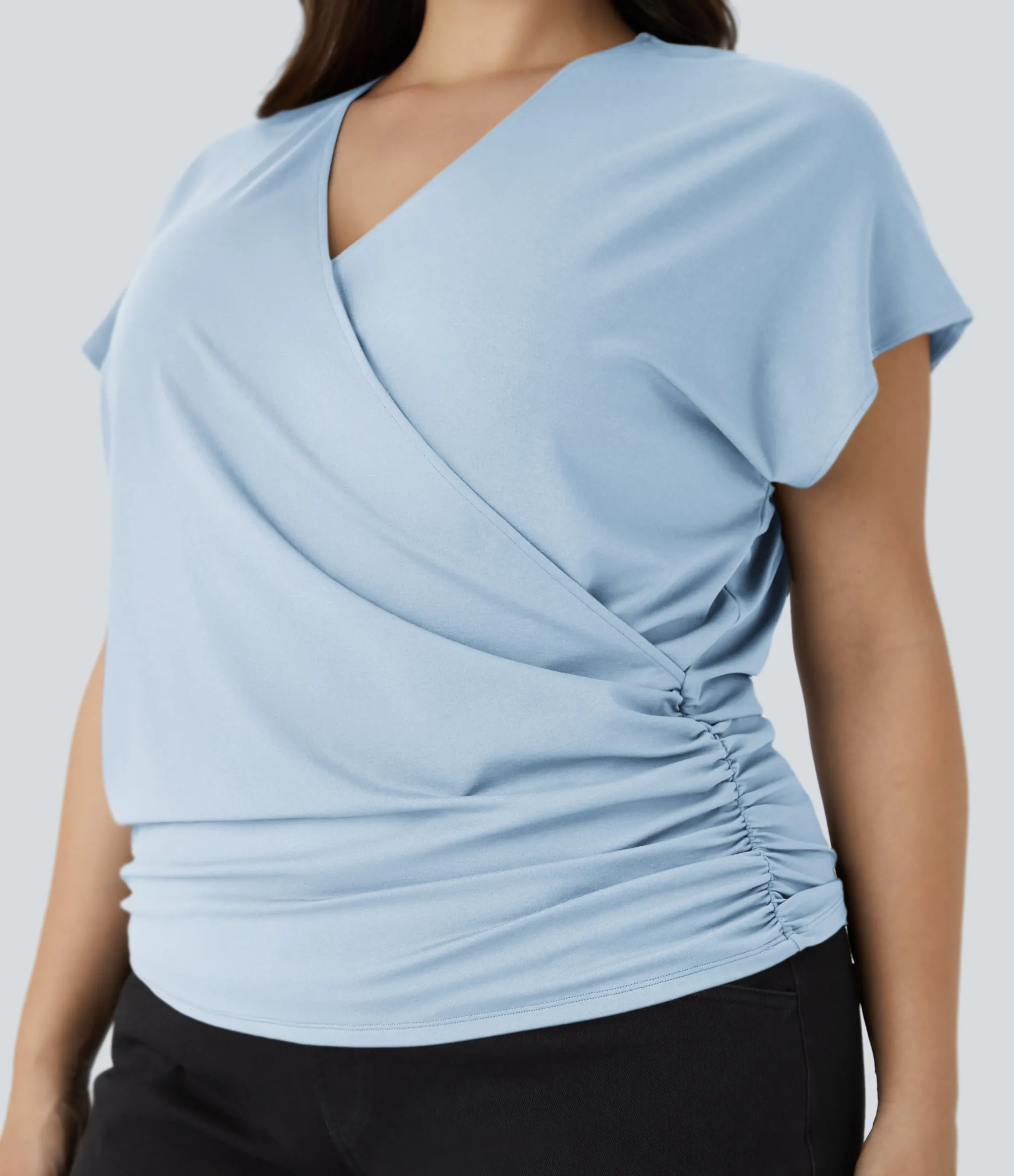 Work Tops|Plus Size<HALARA V Neck Cap Sleeve Crossover Ruched Solid Work Plus Size Blouse