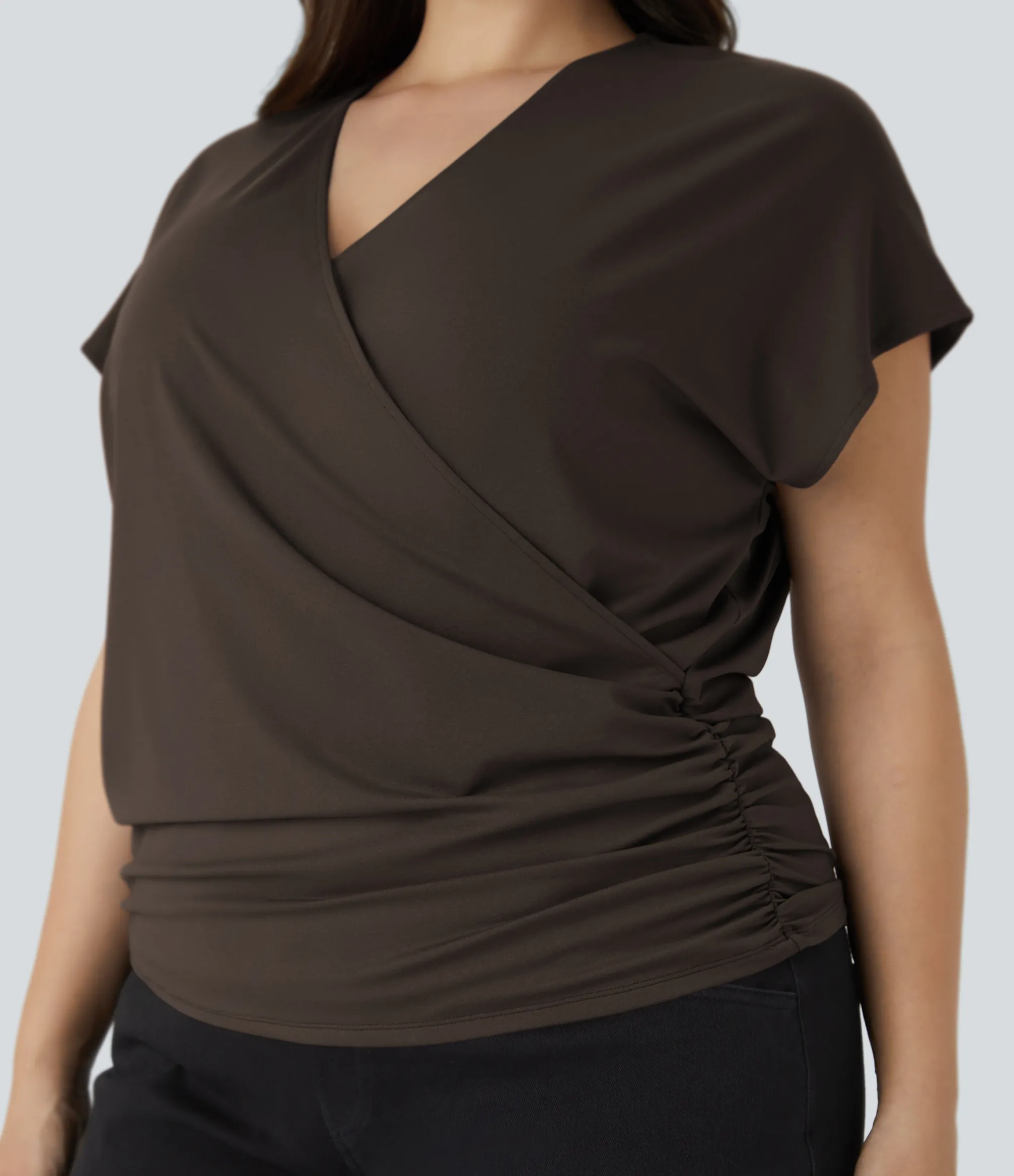Work Tops|Plus Size<HALARA V Neck Cap Sleeve Crossover Ruched Solid Work Plus Size Blouse