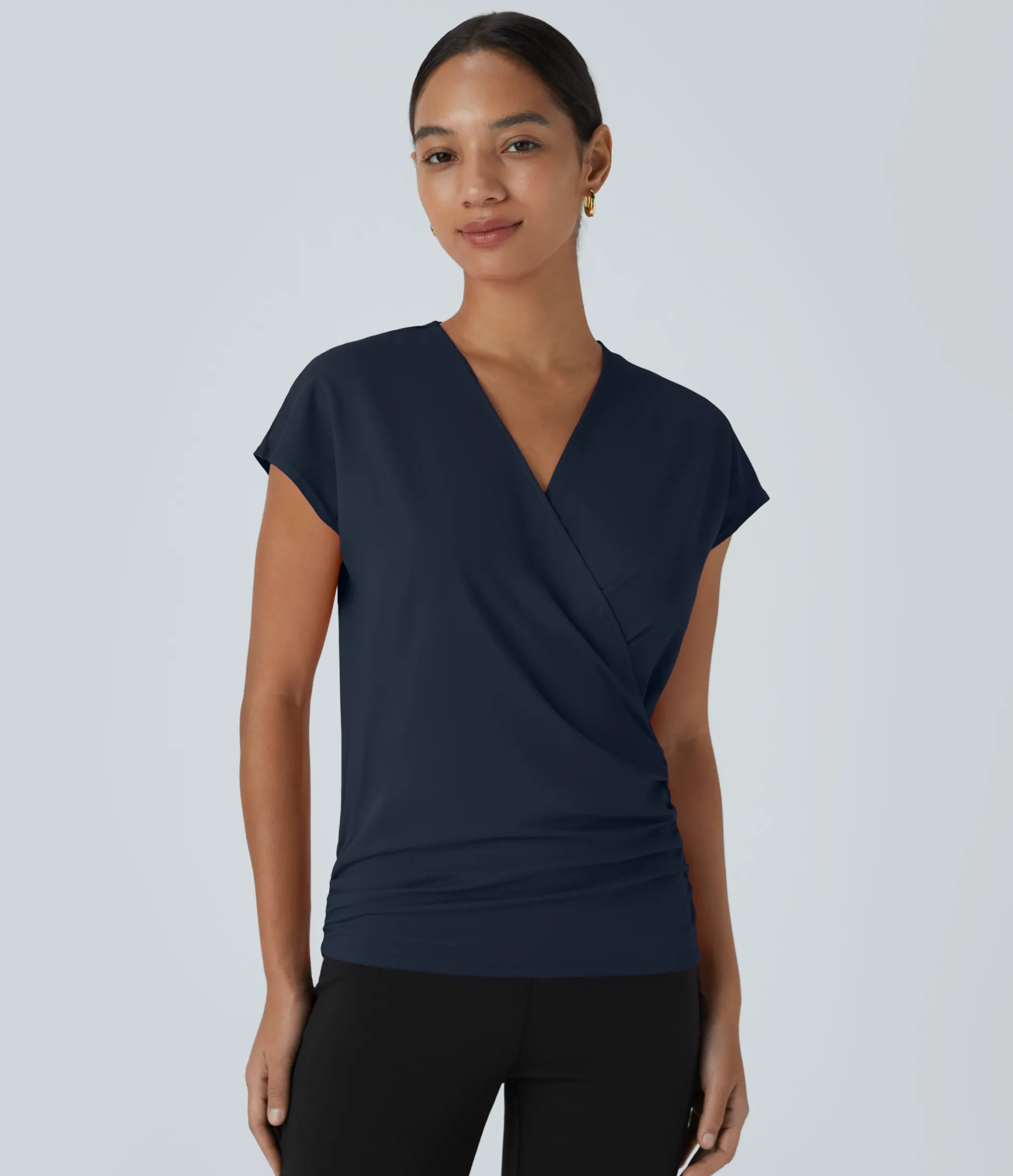 Work Tops|Shirts Blouses<HALARA V Neck Cap Sleeve Crossover Ruched Solid Work Blouse