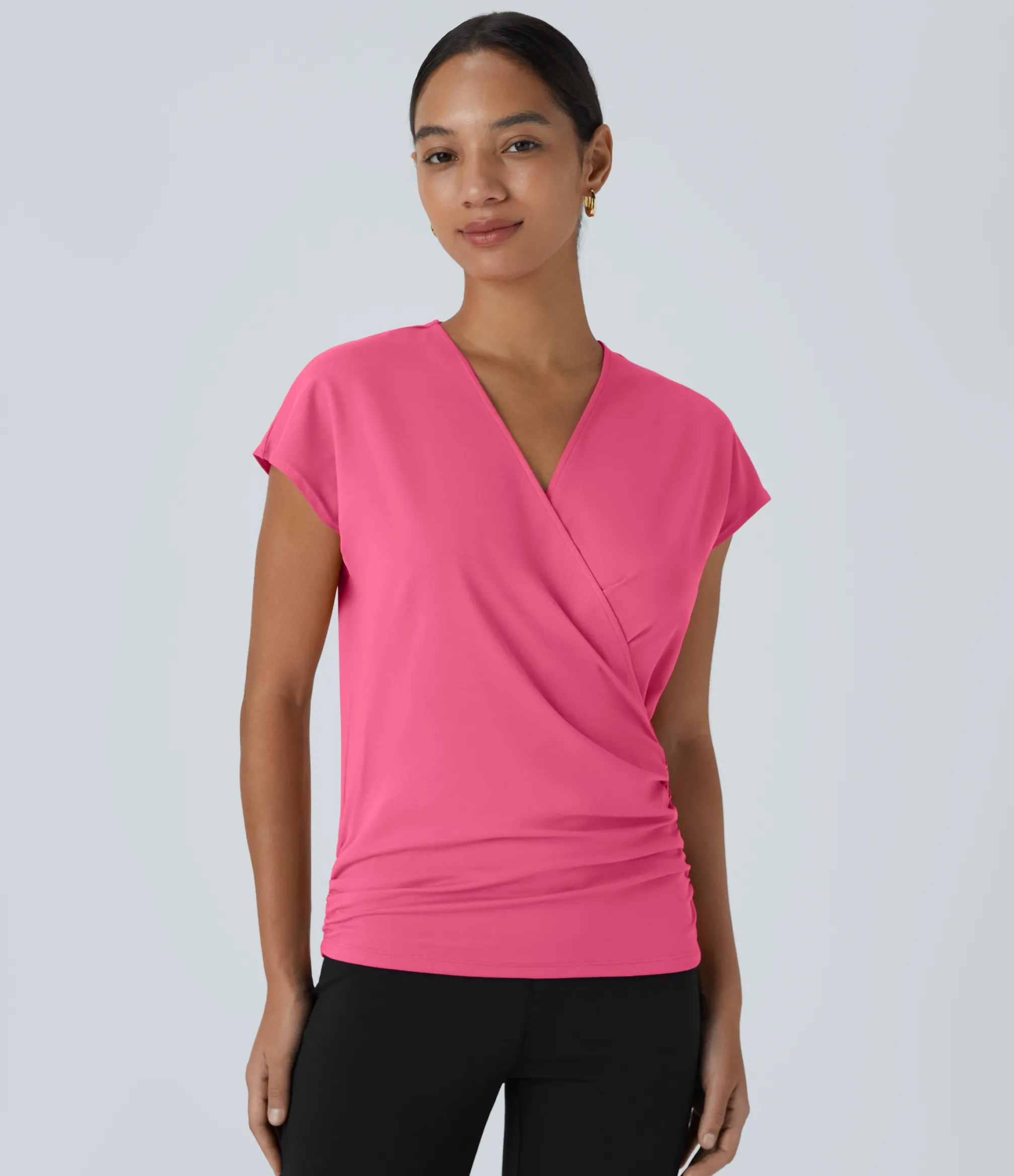 Work Tops|Shirts Blouses<HALARA V Neck Cap Sleeve Crossover Ruched Solid Work Blouse