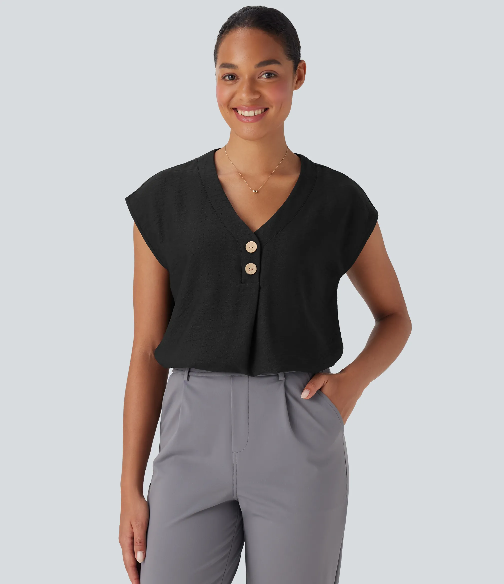Shirts Blouses|Shirts & Blouses<HALARA V Neck Cap Sleeve Decorative Work Blouse