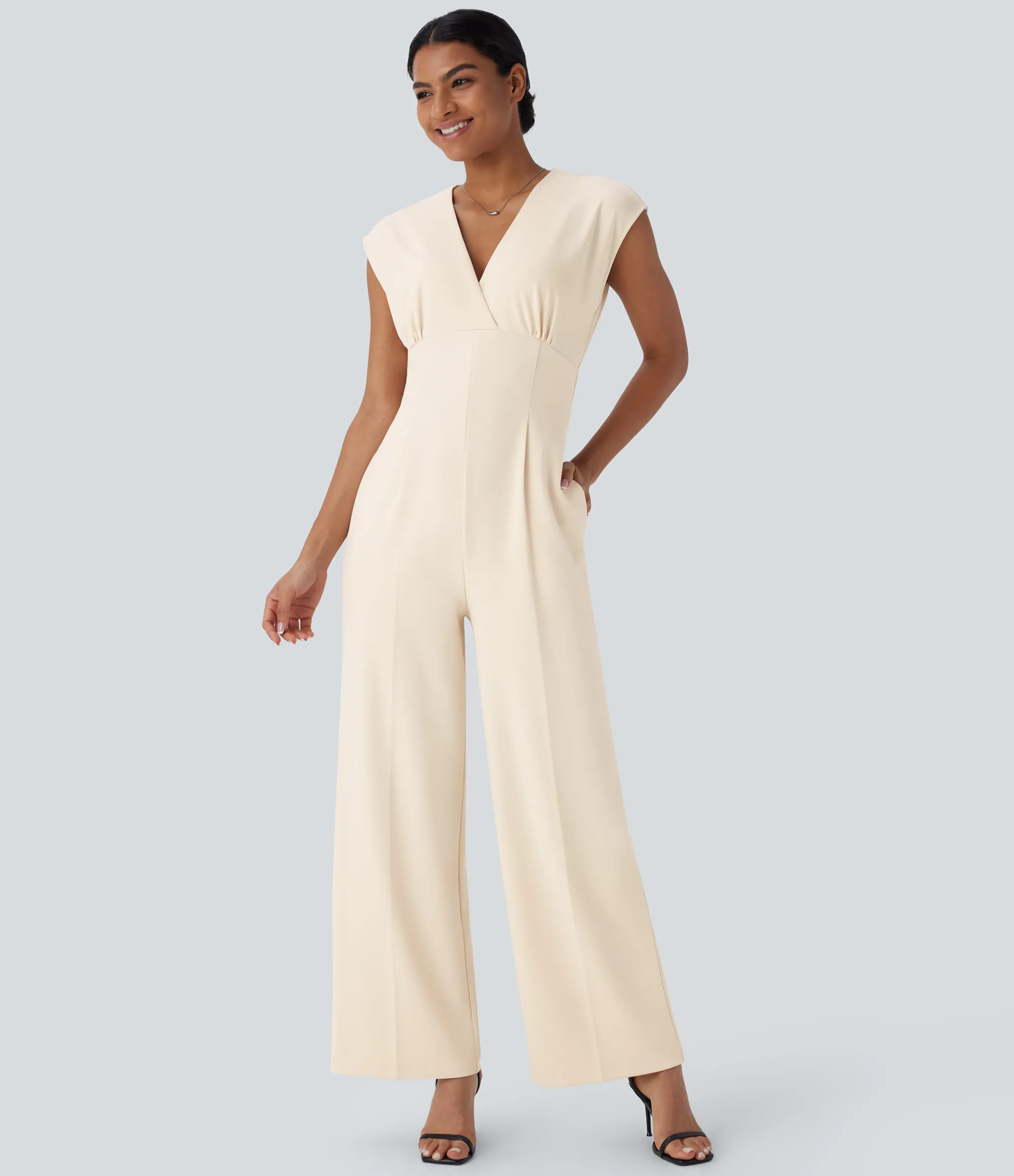 Jumpsuits<HALARA V Neck Cap Sleeve Pocket Work Jumpsuit