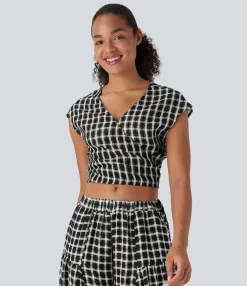 Casual Tops<HALARA V Neck Cap Sleeve Wrapped Tie Back Plaid Cropped Casual Top