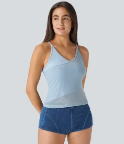 Casual Tops|Tank Tops & Camis<HALARA V Neck Contrast Mesh Skinny Casual Cami Top