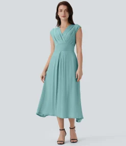 Dresses|Maxi & Midi Dresses<HALARA V Neck Crossover Cap Sleeve Pocket Flowy Midi Work Dress