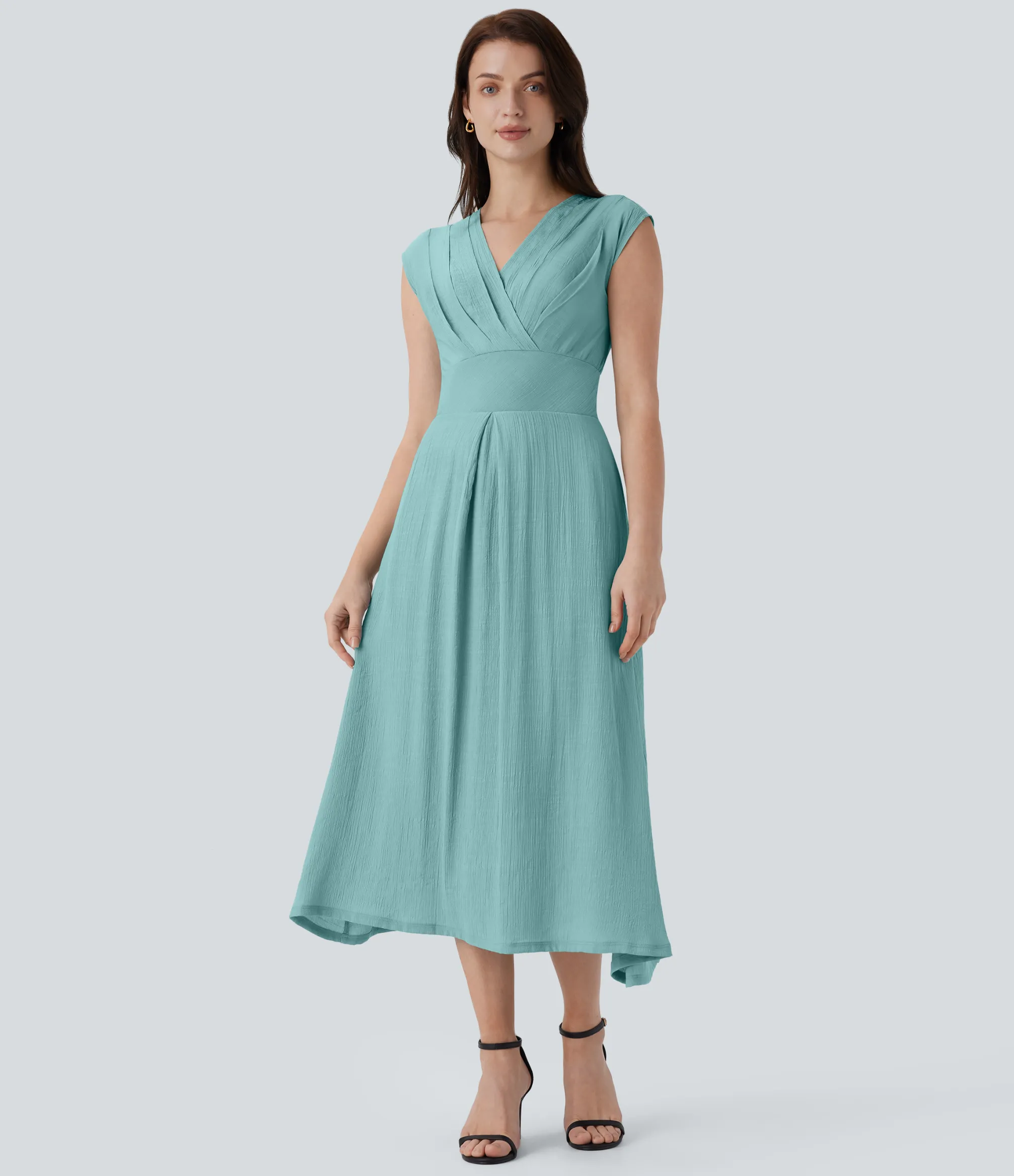 Dresses|Maxi & Midi Dresses<HALARA V Neck Crossover Cap Sleeve Pocket Flowy Midi Work Dress