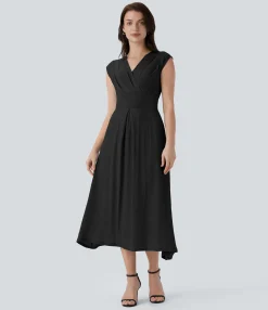 Dresses|Maxi & Midi Dresses<HALARA V Neck Crossover Cap Sleeve Pocket Flowy Midi Work Dress