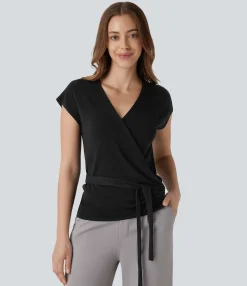 Sweaters<HALARA V Neck Crossover Short Sleeve Belted Work Sweater
