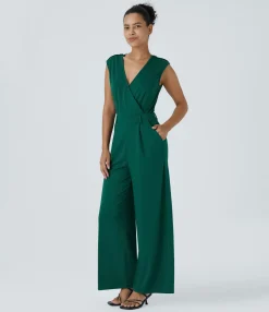 Jumpsuits<HALARA V Neck Crossover Sleeveless Pocket Casual Jumpsuit