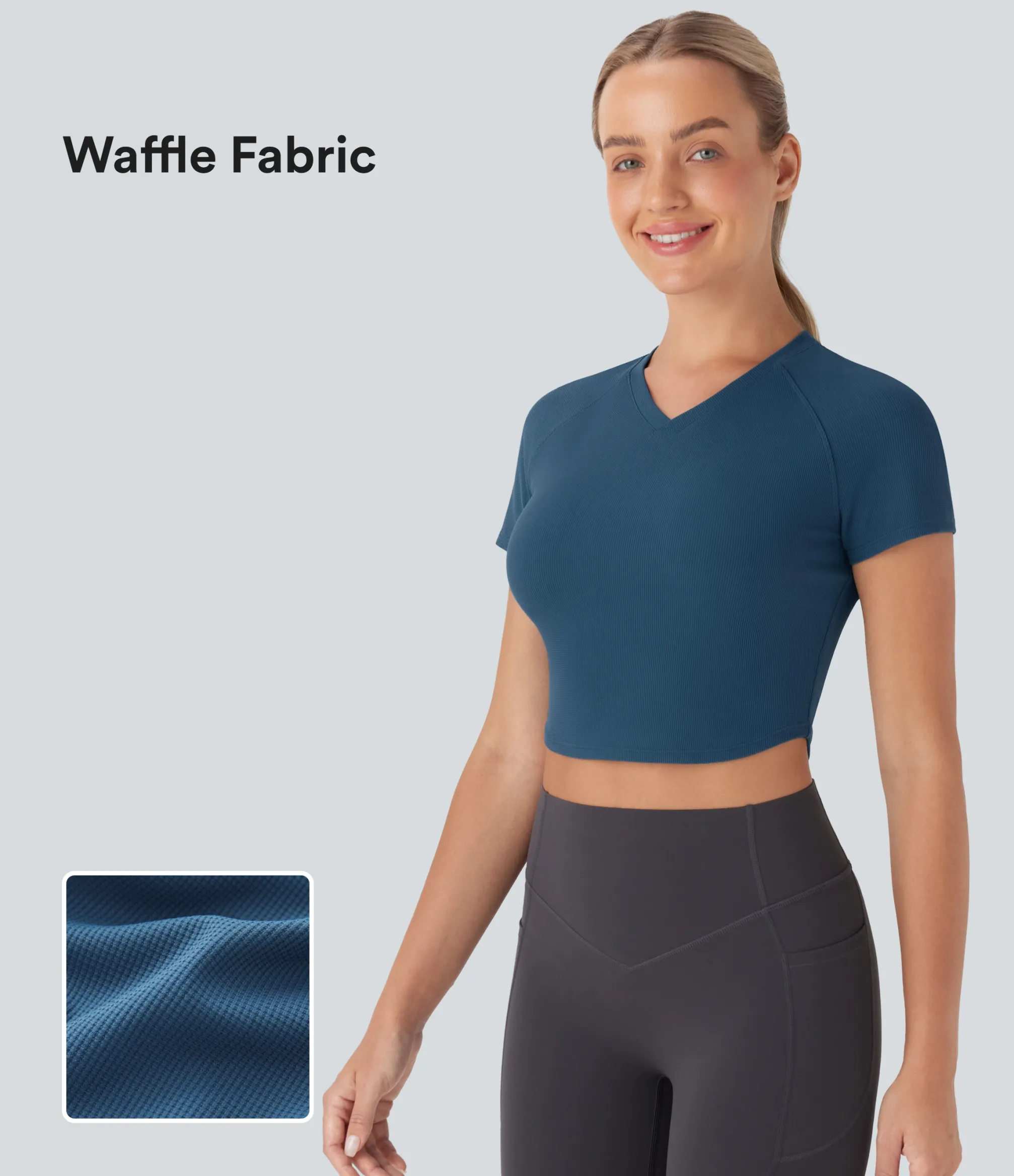 Sports Tops|Sports Tops<HALARA V Neck Curved Hem Cropped Waffle Knit Yoga Sports Top