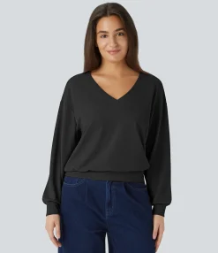 Sweatshirts & Hoodies<HALARA V Neck Dropped Shoulder Long Sleeve Waffle Casual Sweatshirt