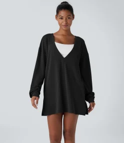 Sweatshirts & Hoodies<HALARA V Neck Dropped Shoulder Pocket Relaxed Casual Sweatshirt-Front and Back Wearable