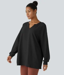 Sweatshirts & Hoodies<HALARA V Neck Dropped Shoulder Relaxed Waffle Casual Sweatshirt