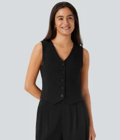 Work Tops|Jackets & Outerwear<HALARA V Neck Front Adjustable Buckle Work Linen-Feel Vest