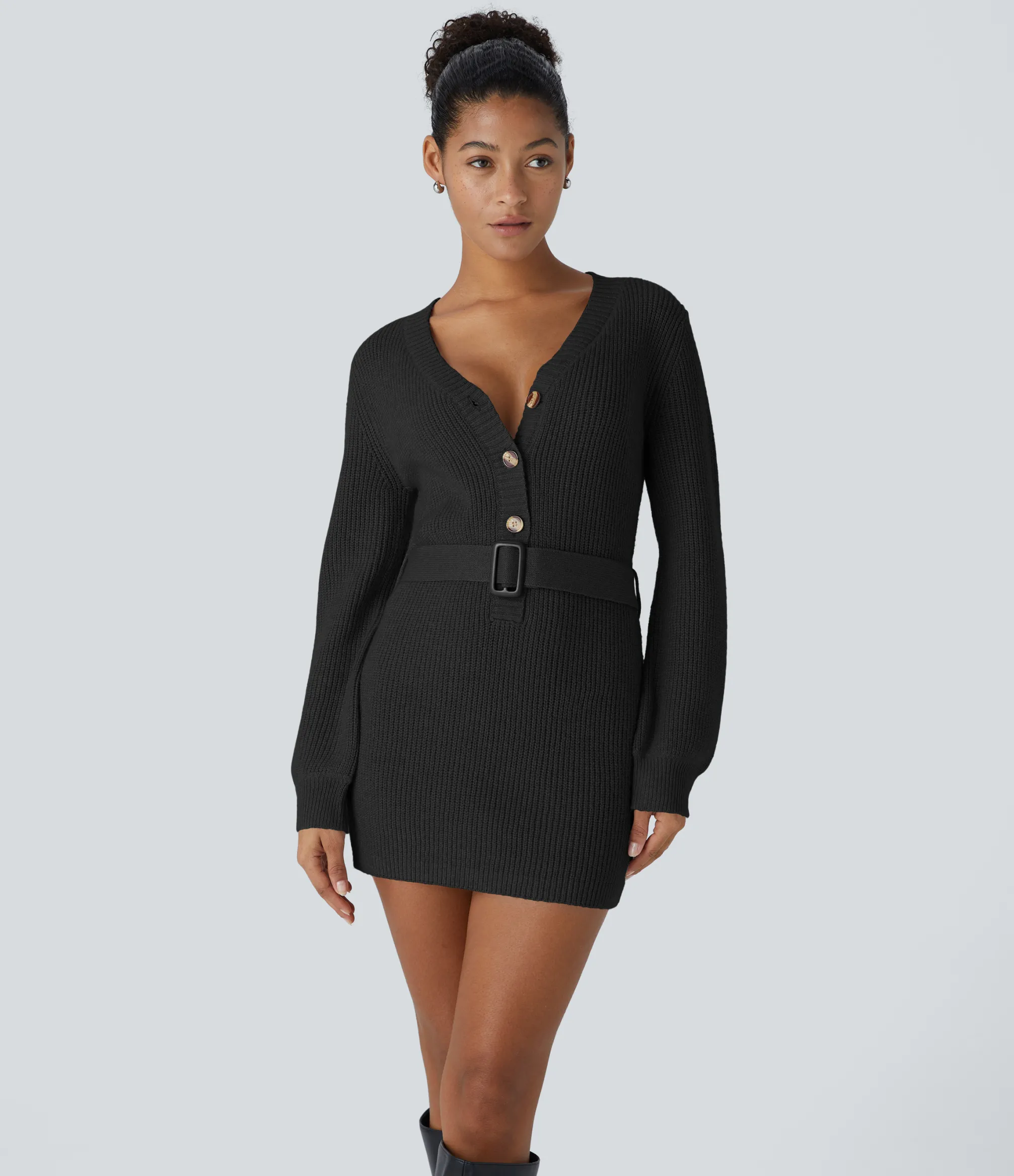 Dresses|Mini Dresses<HALARA V Neck Front Long Sleeve Belted Mini Casual Sweater Dress
