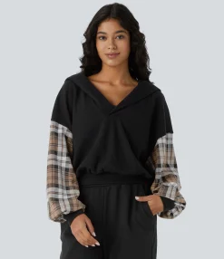 Sweatshirts & Hoodies<HALARA V Neck Hooded Long Sleeve Color Block Waffle Casual Sweatshirt