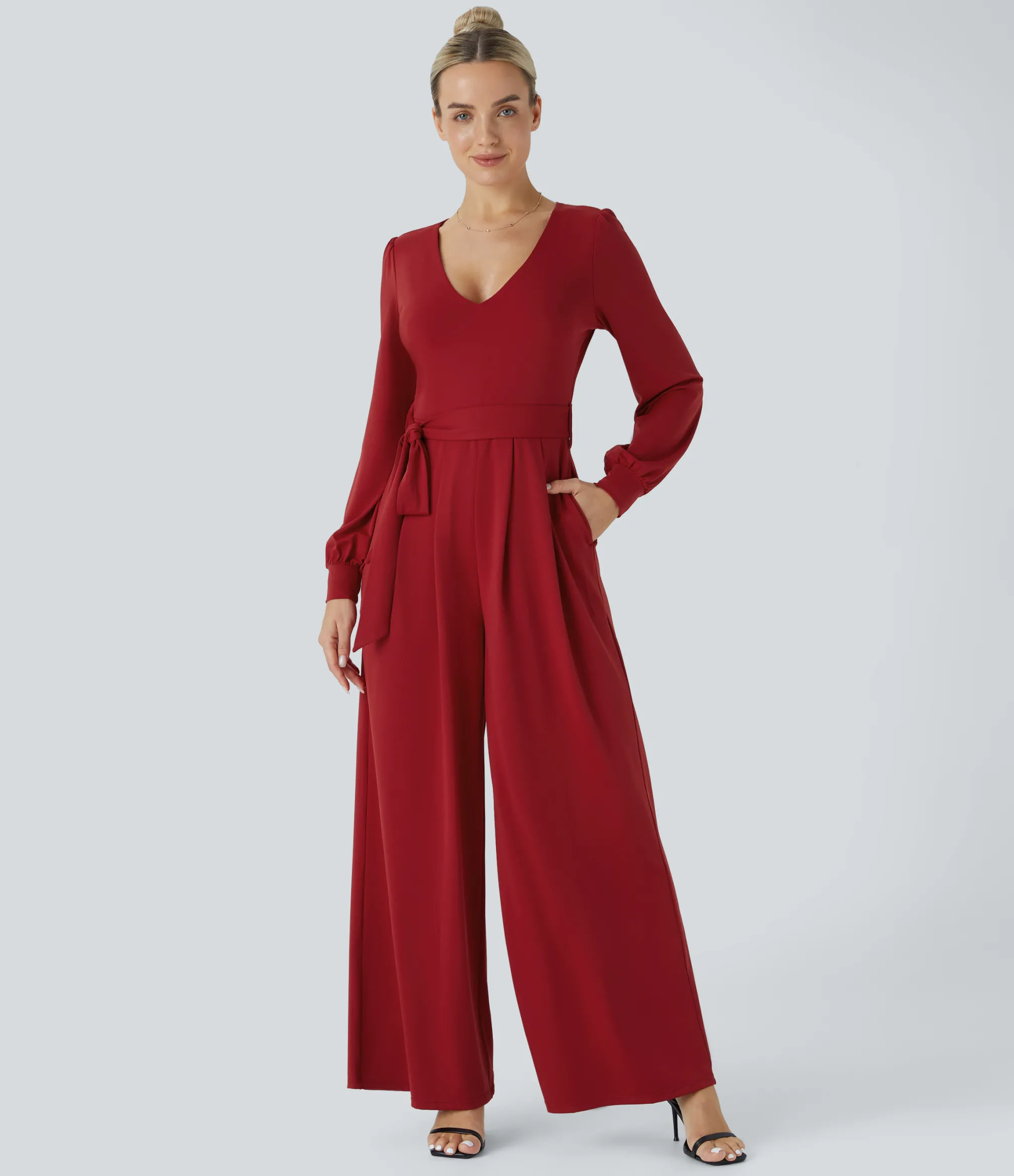 Jumpsuits<HALARA V Neck Long Sleeve Belted Pocket Wide Leg Jumpsuit
