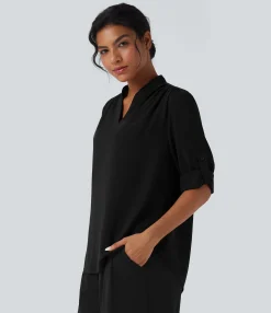 Shirts Blouses|Shirts & Blouses<HALARA V Neck Long Sleeve Curved Hem Work Shirt