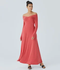 Dresses|Maxi & Midi Dresses<HALARA V Neck Long Sleeve Draped Maxi Casual Dress