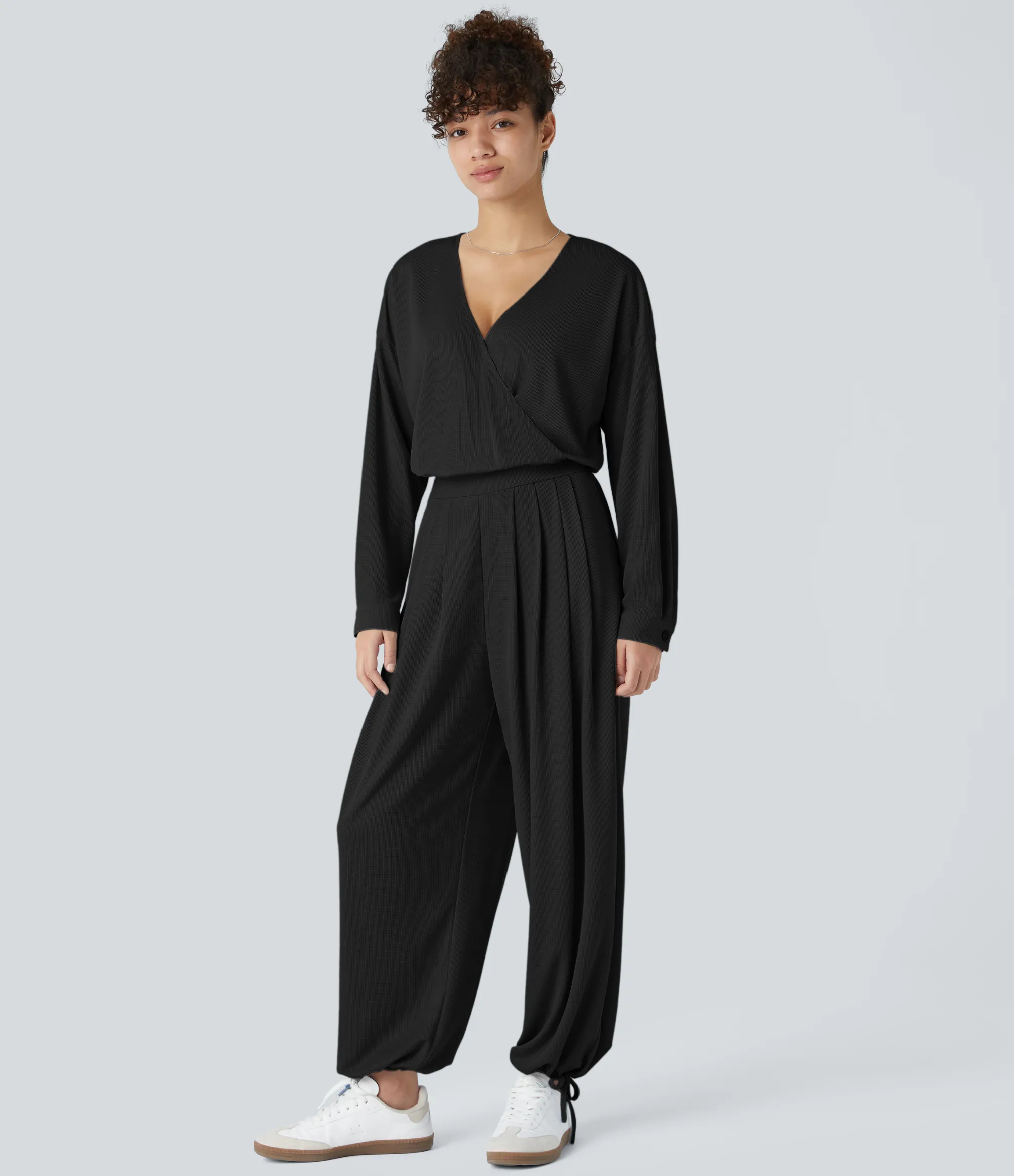 Jumpsuits<HALARA V Neck Long Sleeve Pleated Pocket Adjustable Drawstring Hem Waffle Casual Jumpsuit
