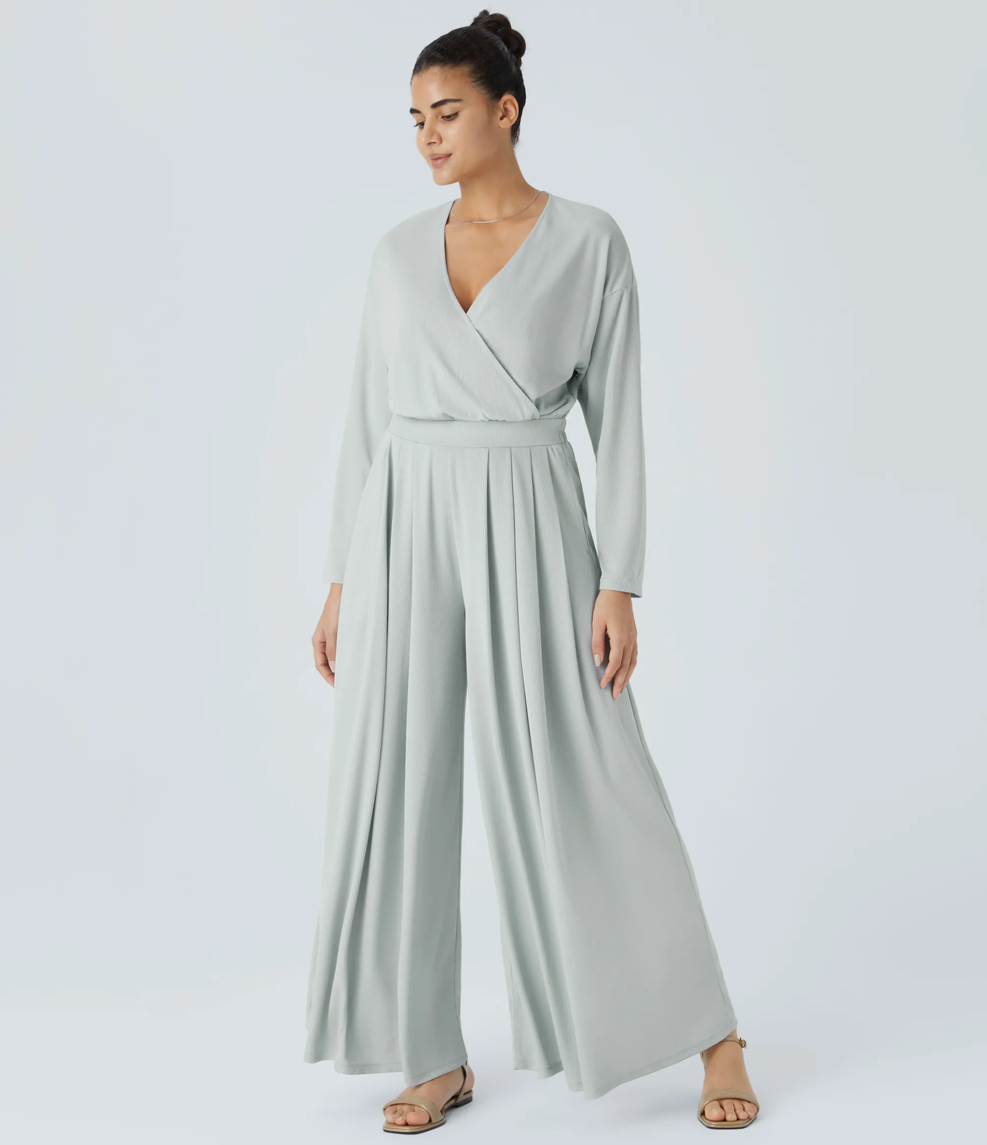 Jumpsuits<HALARA V Neck Long Sleeve Pocket Wide Leg Flowy Waffle Casual Jumpsuit