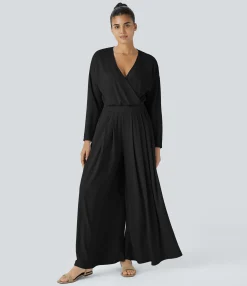 Jumpsuits<HALARA V Neck Long Sleeve Pocket Wide Leg Flowy Waffle Casual Jumpsuit
