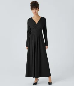 Dresses|Maxi & Midi Dresses<HALARA V Neck Long Sleeve Pocket Tie Back Casual Dress
