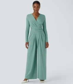 Jumpsuits<HALARA V Neck Long Sleeve Pocket Tie Back Casual Jumpsuit