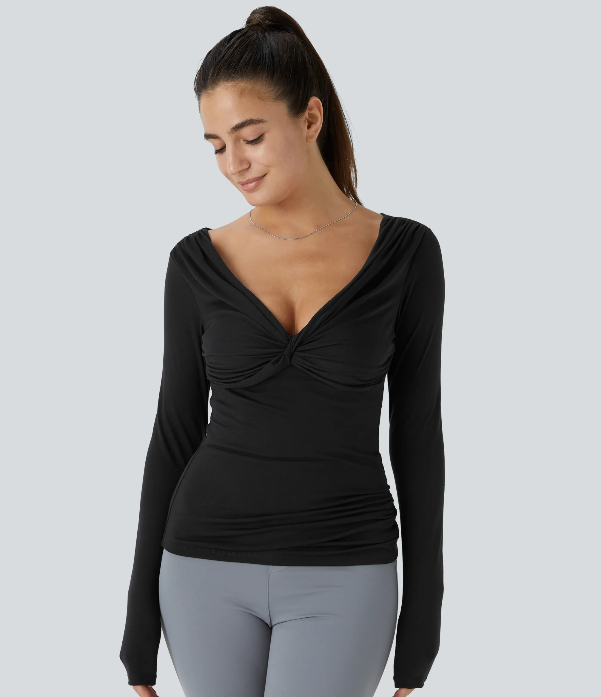 Work Tops<HALARA V Neck Long Sleeve Ruched Skinny Work Top