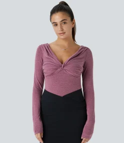 Work Tops<HALARA V Neck Long Sleeve Ruched Skinny Work Top