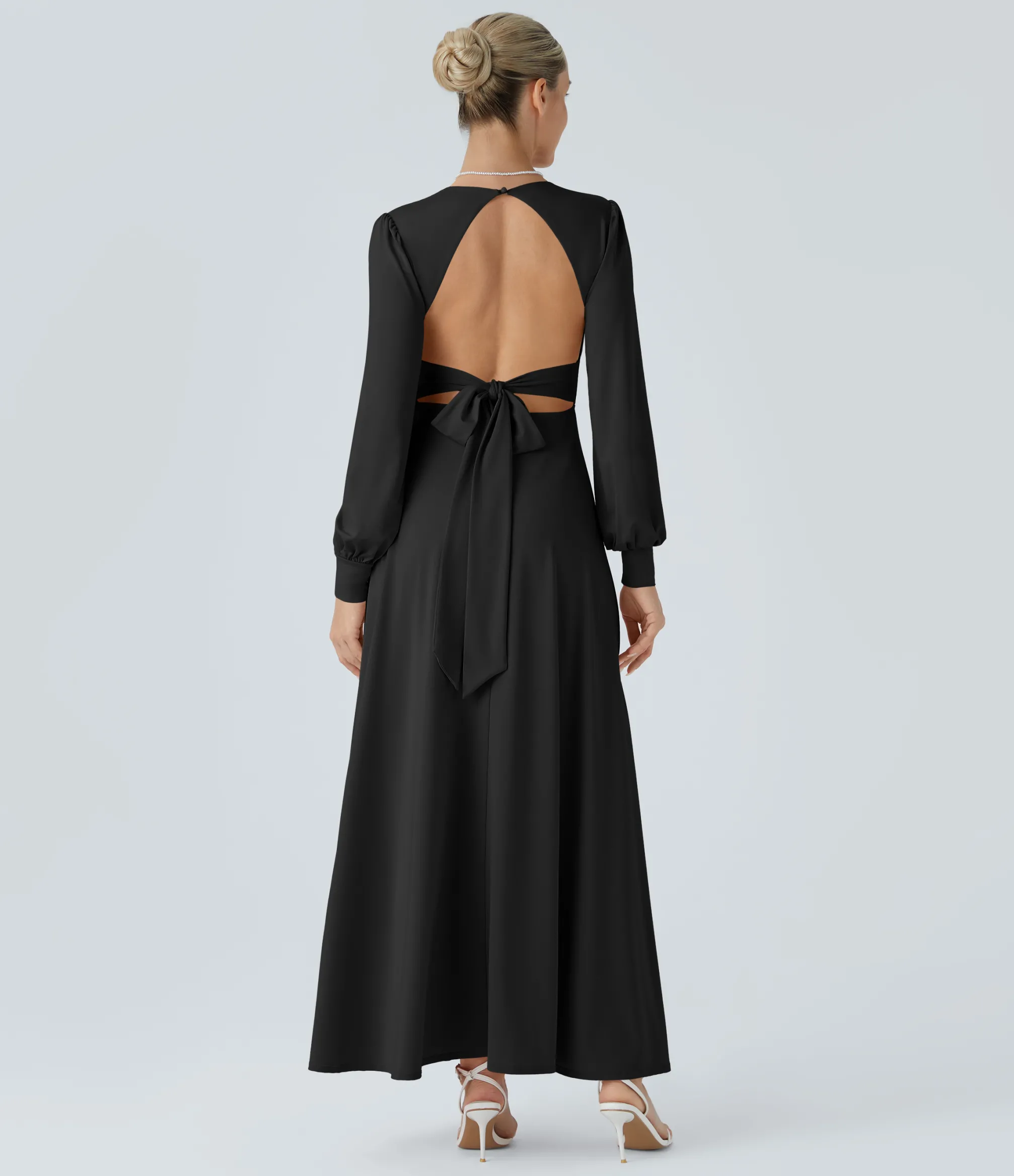 Dresses|Maxi & Midi Dresses<HALARA V Neck Long Sleeve Tie Back Bishop Sleeve Maxi Dress