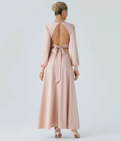 Dresses|Maxi & Midi Dresses<HALARA V Neck Long Sleeve Tie Back Bishop Sleeve Maxi Dress